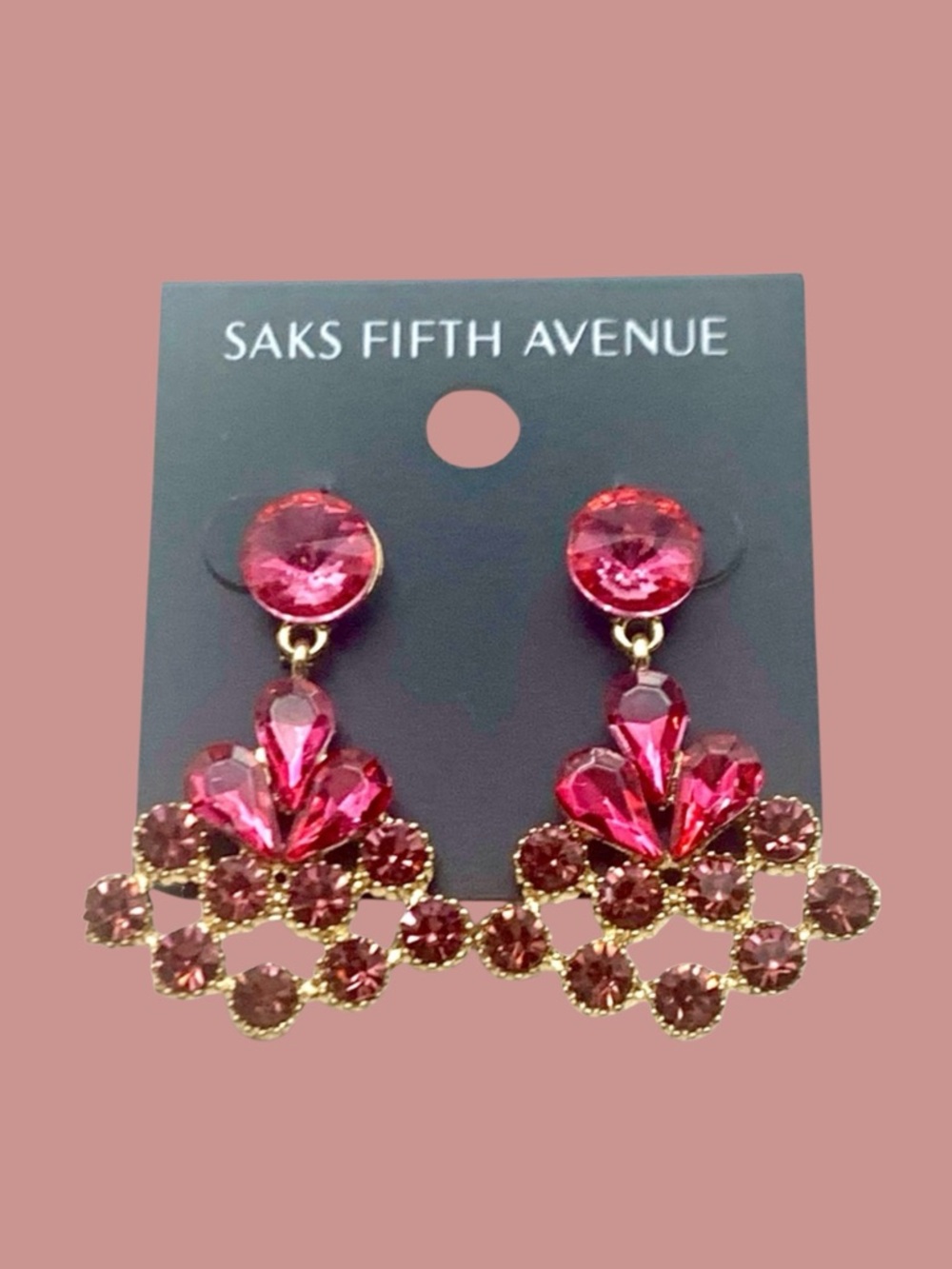 Saks Fifth Avenue Gold Plated & Pink Crystal Triangle Costume Jewelry Earrings. - Picture 2 of 5